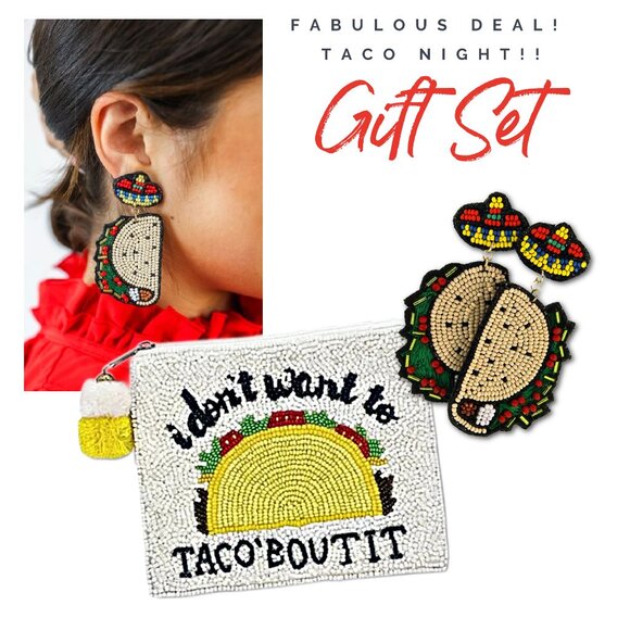 NEW Coin Pouch & Earrings TACO NIGHT Mexican Fiesta Seed Beaded GIFT SET - Picture 1 of 6